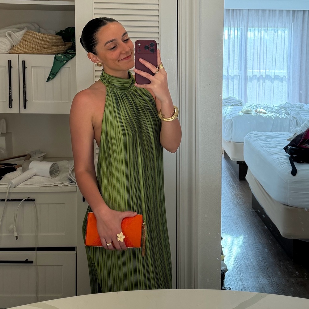 Lulus Gwenny Lime Green Satin Plisse Maxi Dress